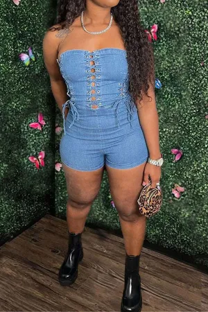 storexq Solid Color On-trend Eyelets Strappy Denim Romper