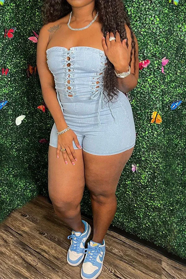 storexq Solid Color On-trend Eyelets Strappy Denim Romper