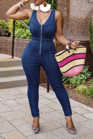 storexq Solid Color On-trend Zip Through Demin Jumpsuit