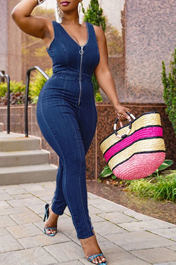 storexq Solid Color On-trend Zip Through Demin Jumpsuit