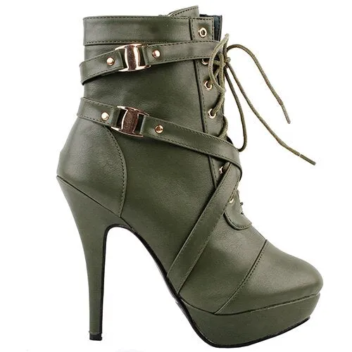 Strap Buckles Zip High Heel Platform Ankle Boots