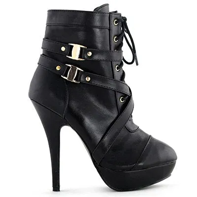 Strap Buckles Zip High Heel Platform Ankle Boots