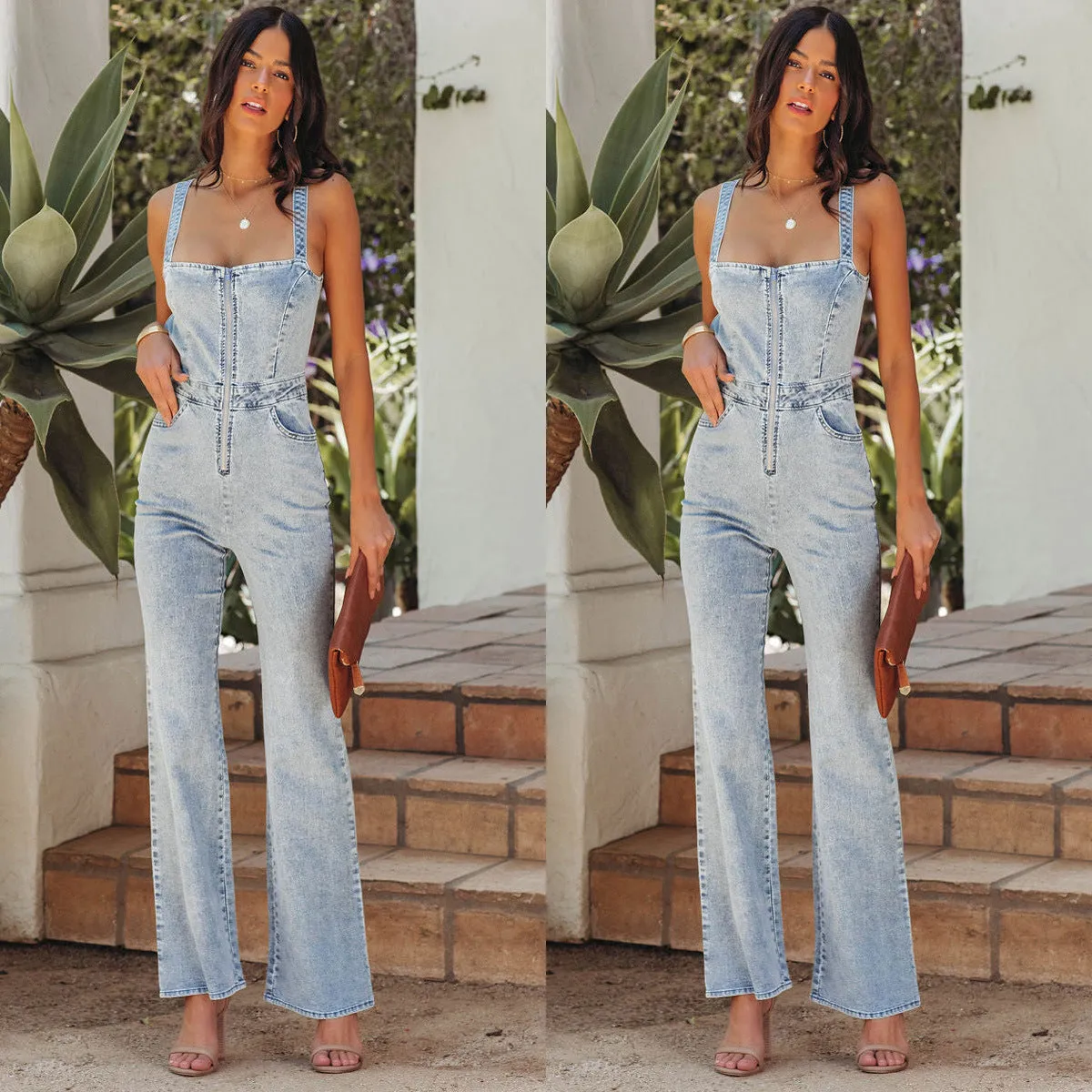 Strap Tube Top Denim Jumpsuit Pants