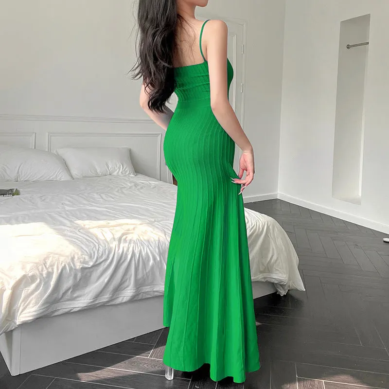 Stretch Ribbed Suspenders Knit Bodycon Maxi Dresses