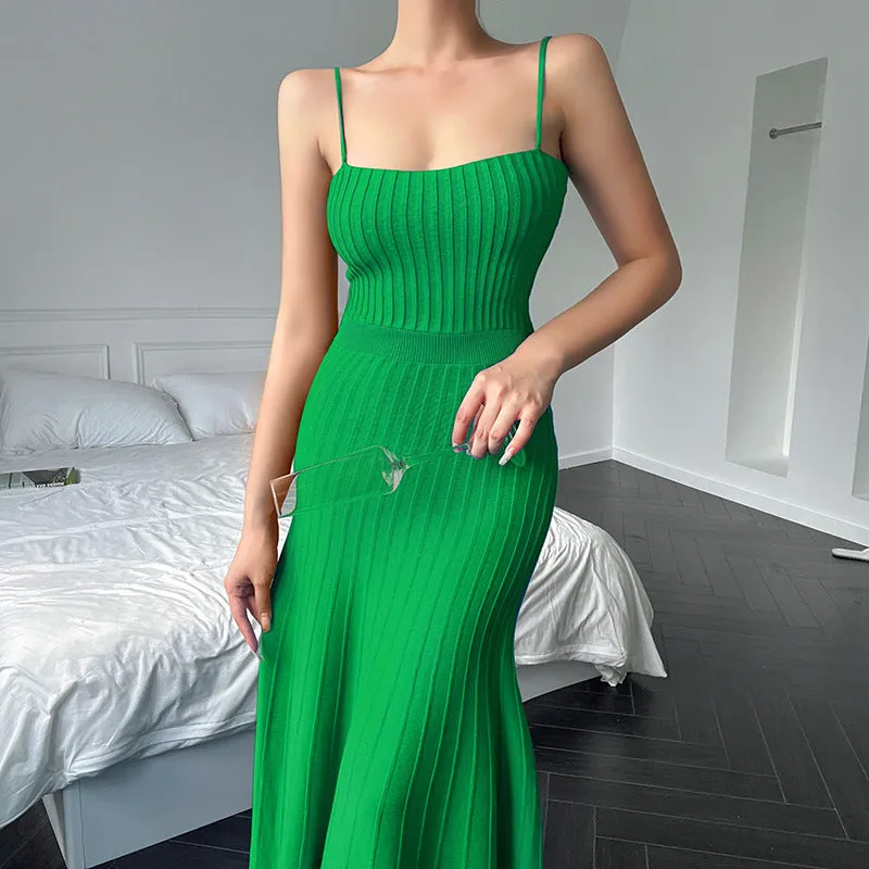 Stretch Ribbed Suspenders Knit Bodycon Maxi Dresses
