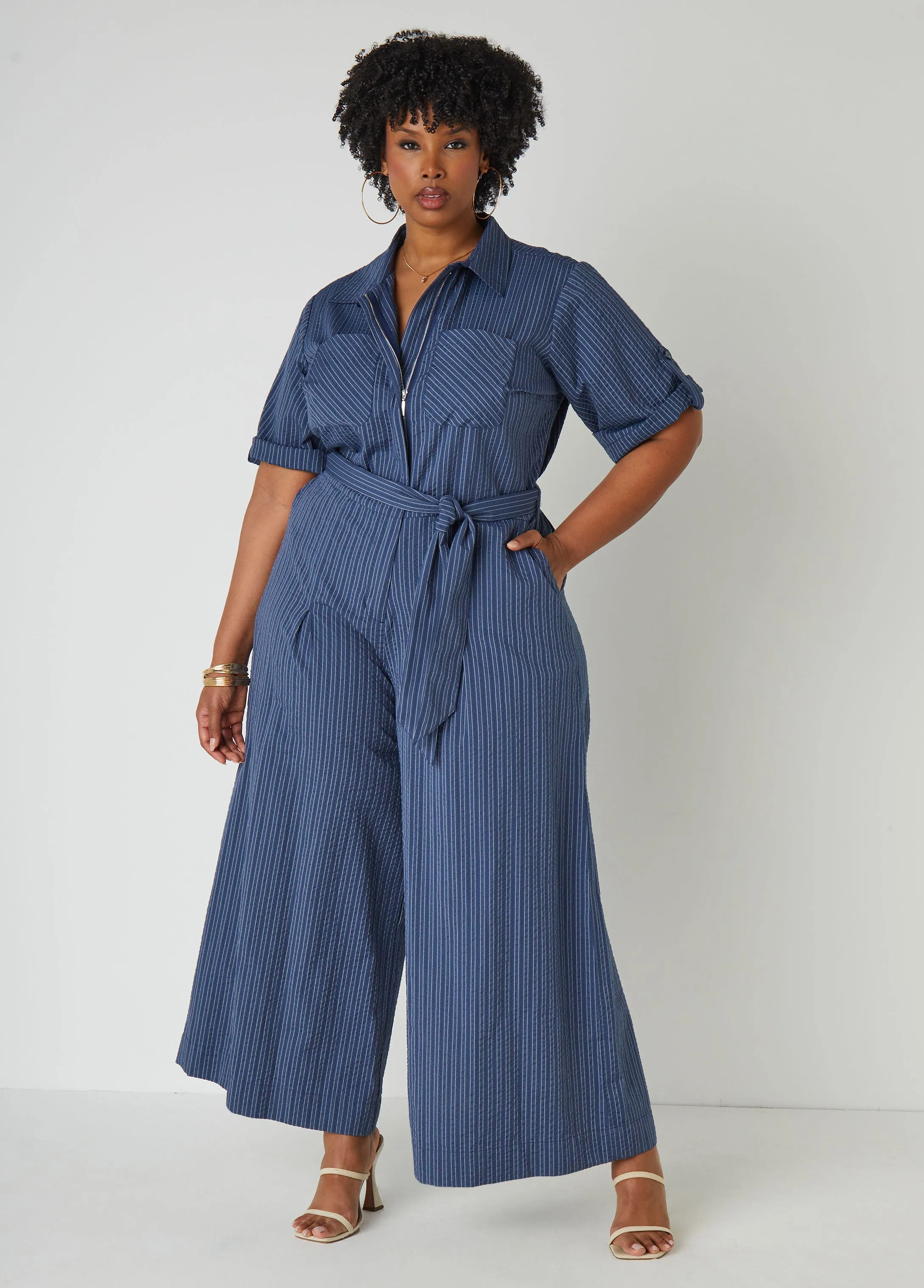 Striped Chambray Wide Leg Jumpsuit