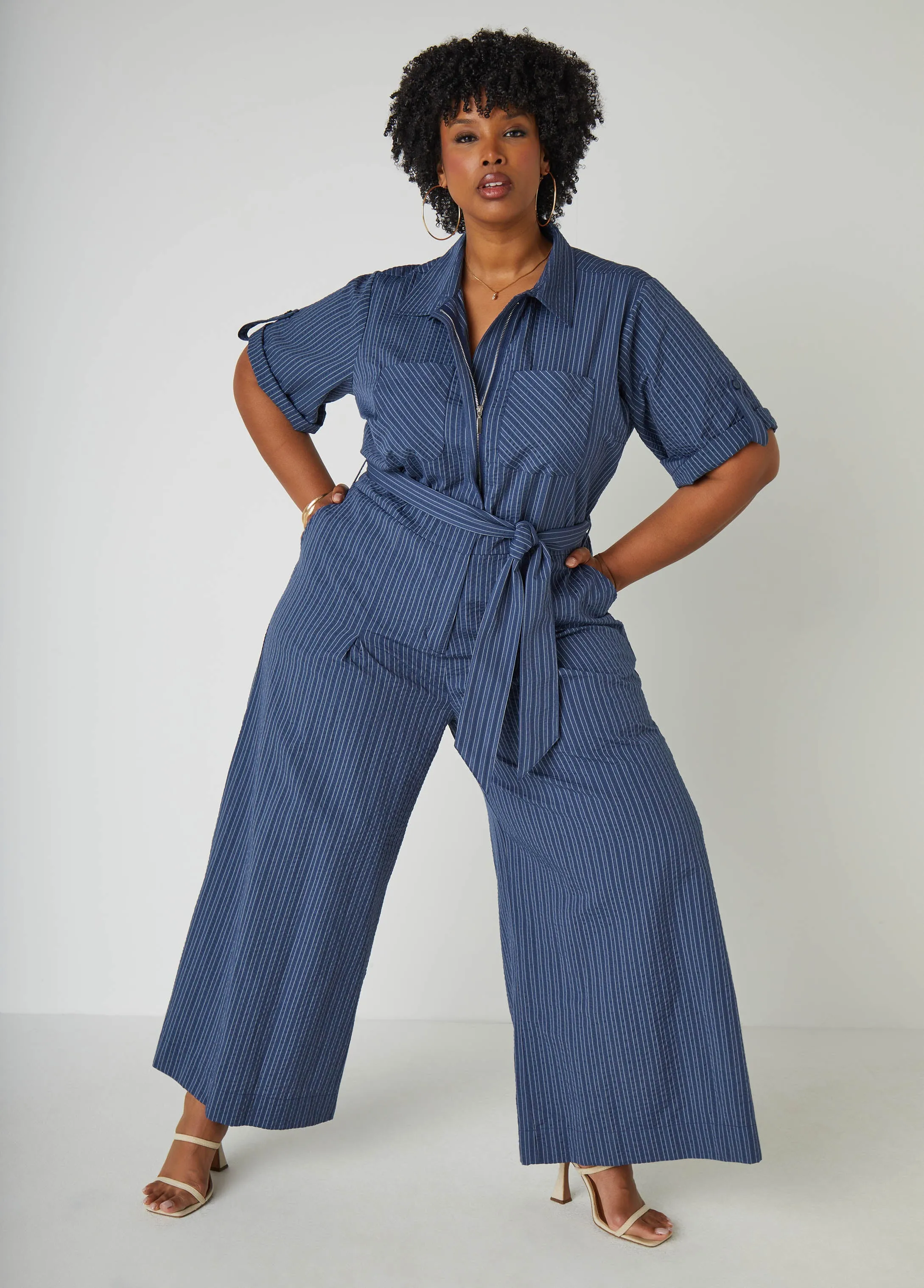 Striped Chambray Wide Leg Jumpsuit