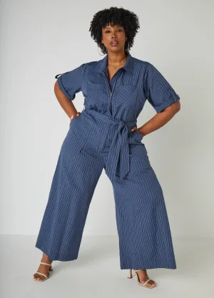 Striped Chambray Wide Leg Jumpsuit