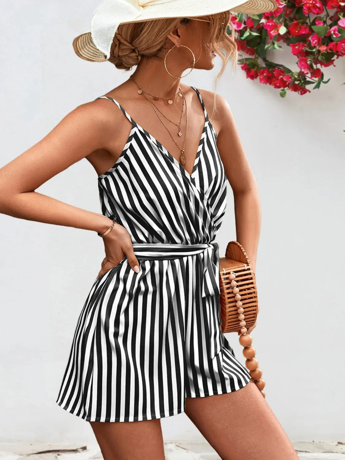 Striped Surplice Spaghetti Strap Romper