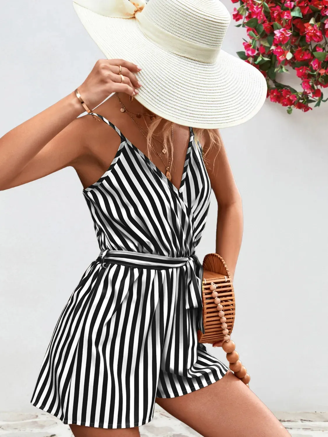 Striped Surplice Spaghetti Strap Romper