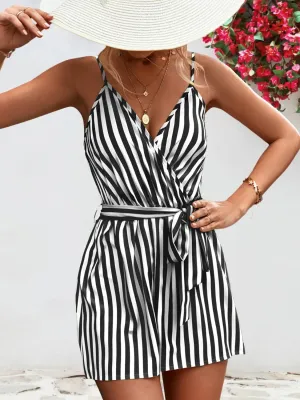 Striped Surplice Spaghetti Strap Romper