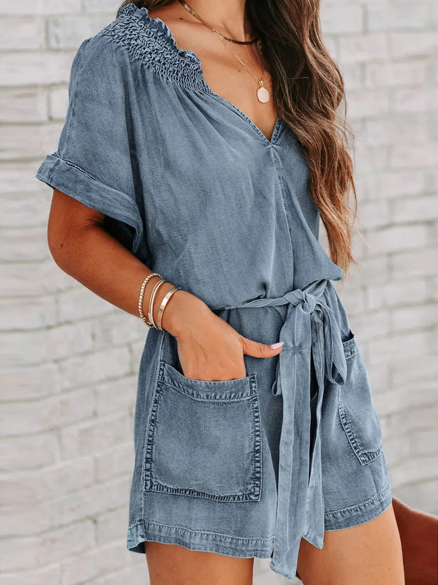 Stunncal Street Solid Make Old V Neck Short Sleeve High Waist Loose Denim Jumpsuits
