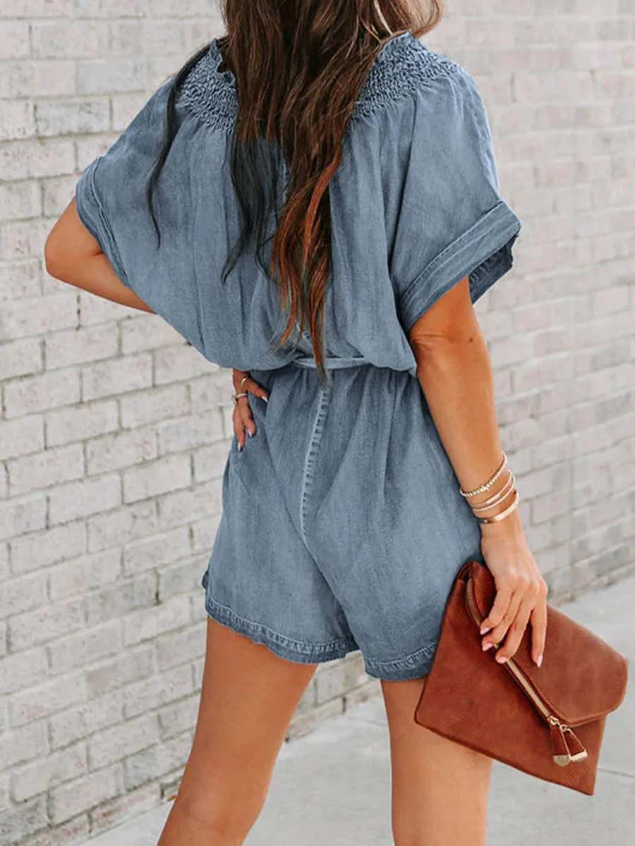 Stunncal Street Solid Make Old V Neck Short Sleeve High Waist Loose Denim Jumpsuits