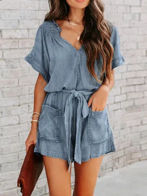 Stunncal Street Solid Make Old V Neck Short Sleeve High Waist Loose Denim Jumpsuits