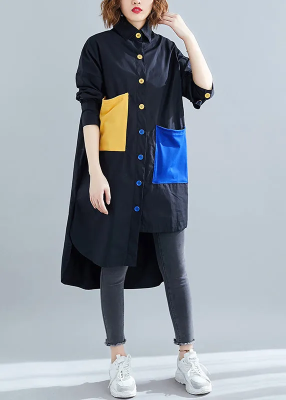 Style White Peter Pan Collar Pockets Cotton Asymmetrical Shirt Spring