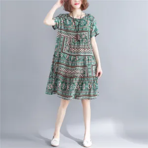 stylish print cotton linen dresses plus size short sleeve baggy dresses Fine o neck cotton linen dresses