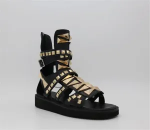 Summer High TOP Golden Rivets Gladiator Sandals Luxury Man Shoes real Picture genuine Leather dragon flats brand Handmade Shoes