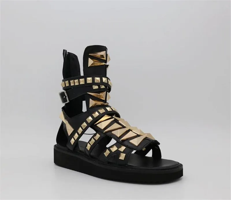 Summer High TOP Golden Rivets Gladiator Sandals Luxury Man Shoes real Picture genuine Leather dragon flats brand Handmade Shoes