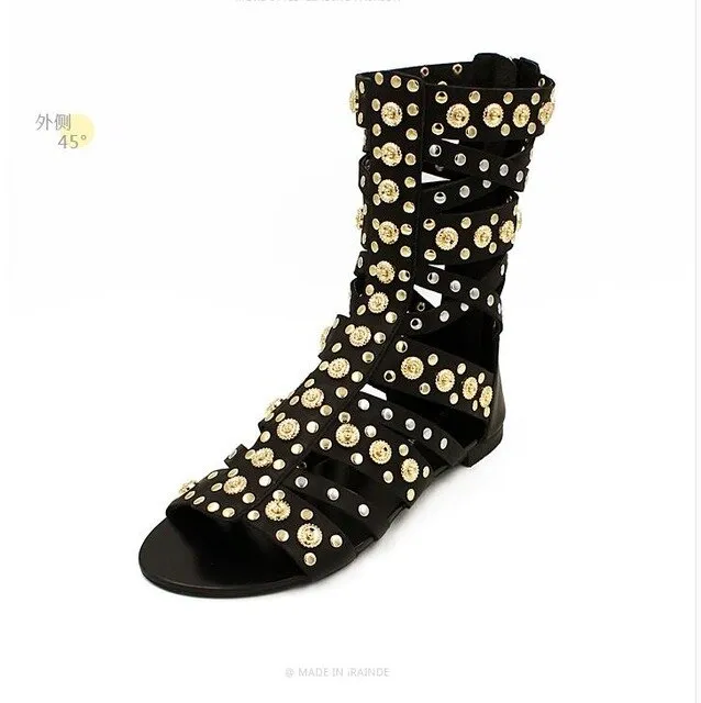Summer Rivet Boots Open Toe Hollow Real Leather Rivet Sandals Square Heel Rome High Heel Sandals Women Gladiator Shoes