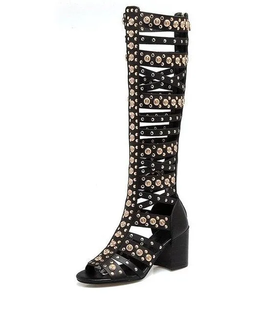 Summer Rivet Boots Open Toe Hollow Real Leather Rivet Sandals Square Heel Rome High Heel Sandals Women Gladiator Shoes