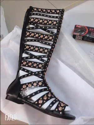 Summer Rivet Boots Open Toe Hollow Real Leather Rivet Sandals Square Heel Rome High Heel Sandals Women Gladiator Shoes