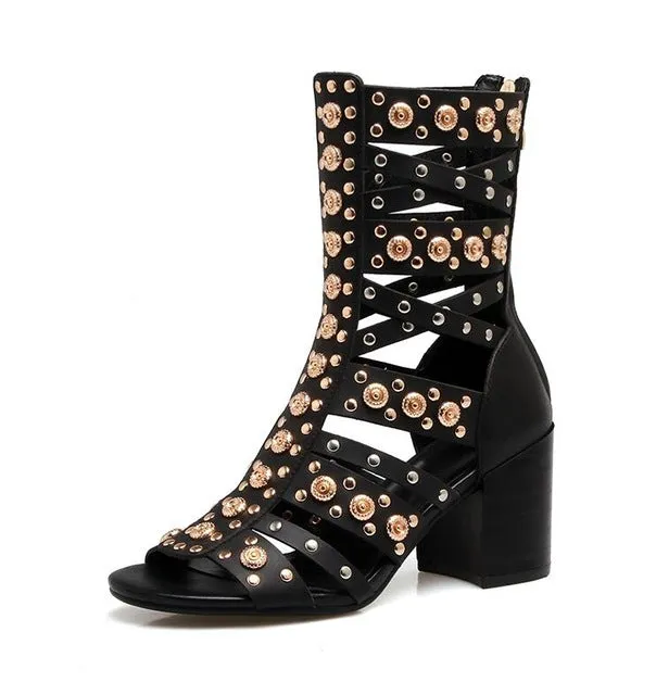 Summer Rivet Boots Open Toe Hollow Real Leather Rivet Sandals Square Heel Rome High Heel Sandals Women Gladiator Shoes