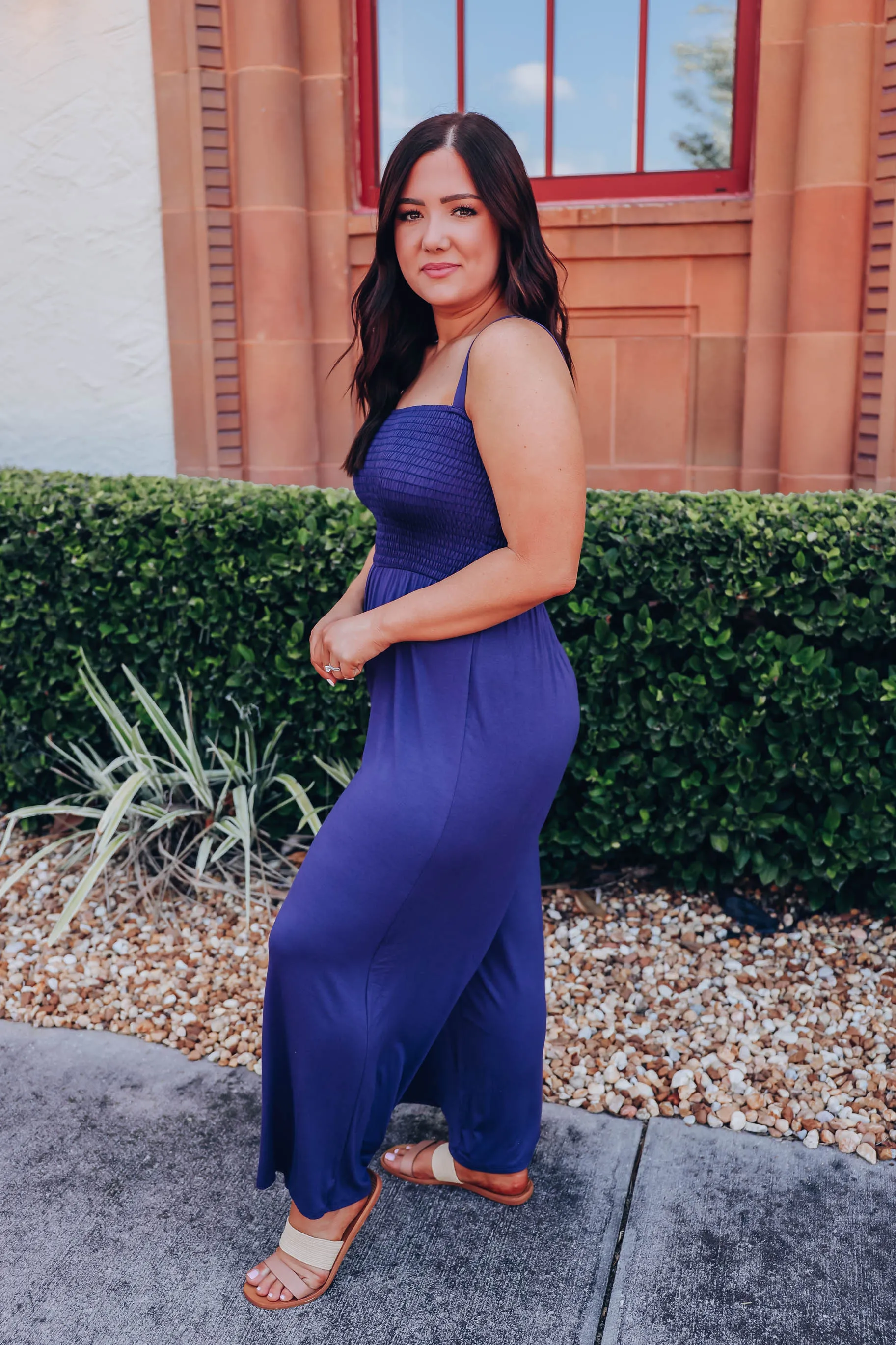 Surely Smocked Pocketed Maxi Jumpsuit - Navy