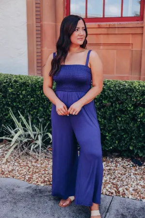 Surely Smocked Pocketed Maxi Jumpsuit - Navy