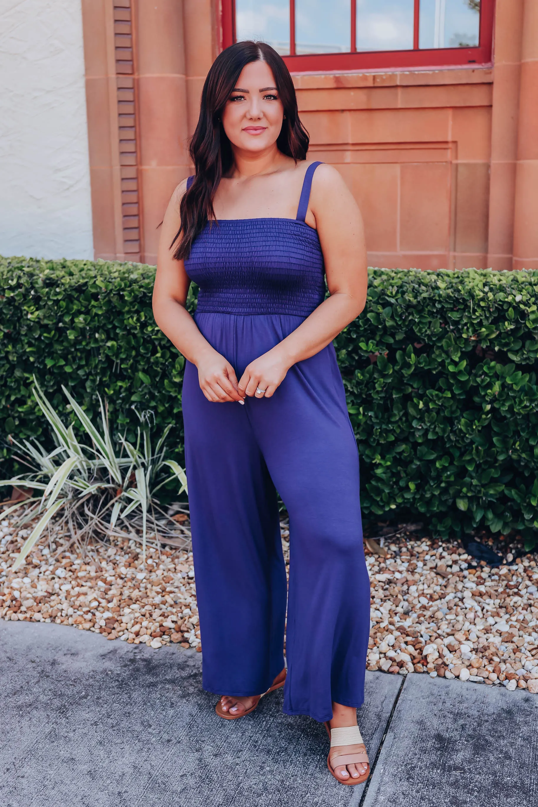 Surely Smocked Pocketed Maxi Jumpsuit - Navy