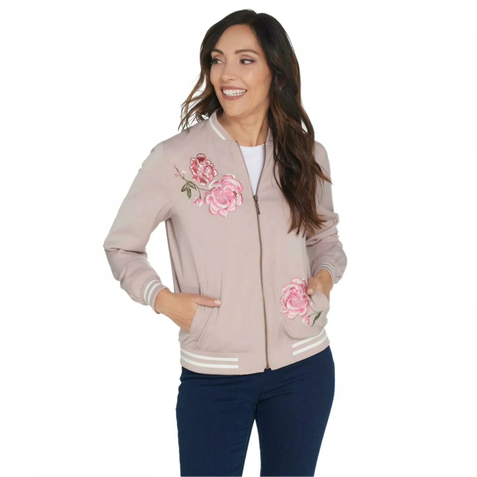 Susan Graver Plus Size Embroidered Stretch Peachskin Bomber Jacket