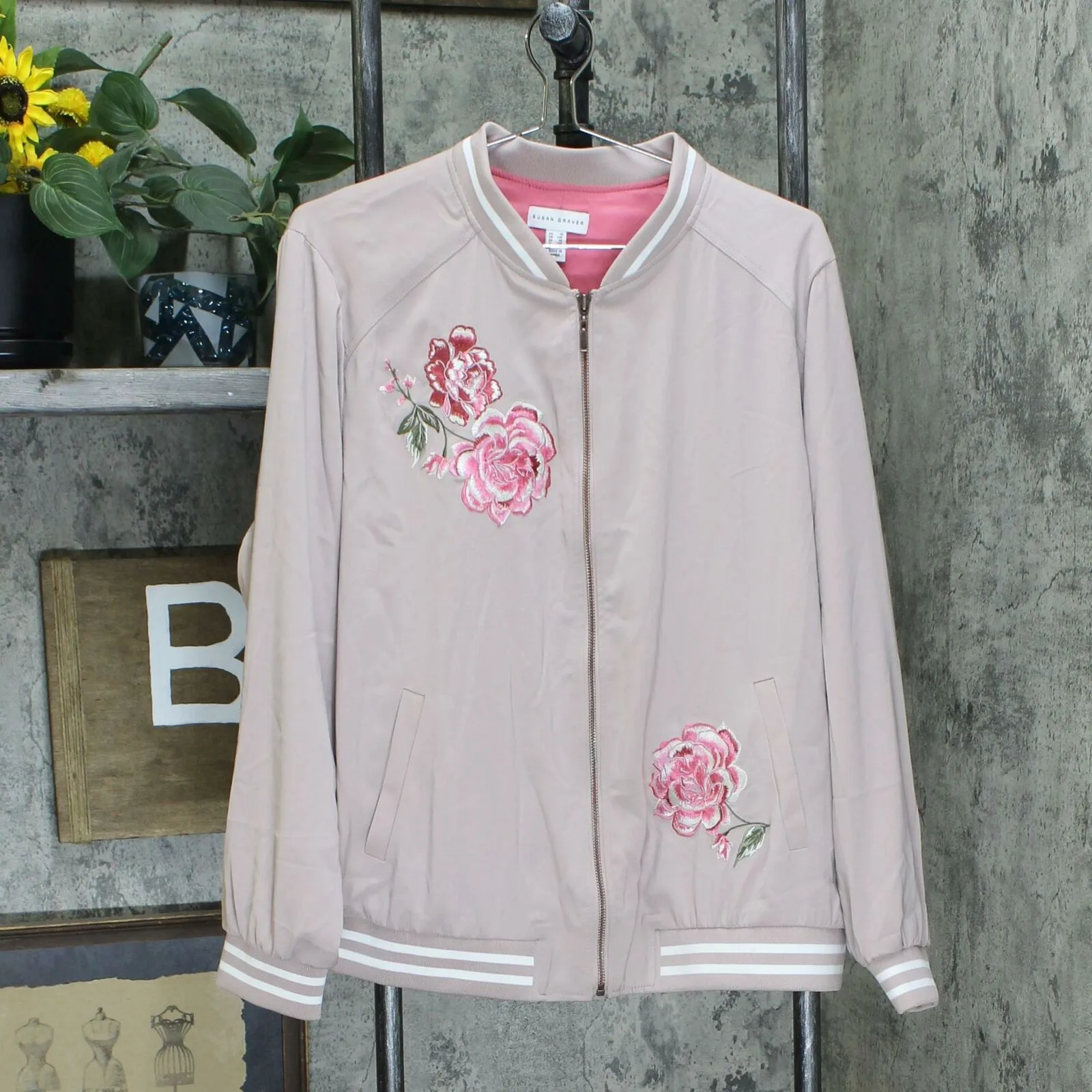 Susan Graver Plus Size Embroidered Stretch Peachskin Bomber Jacket