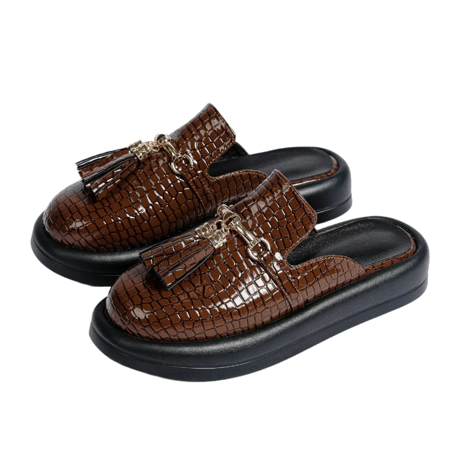 Tassel Patent Leather Platform Slides