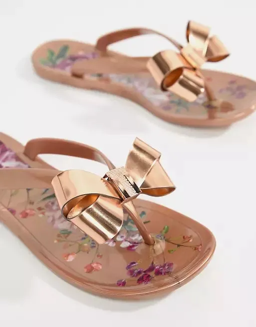 TED BAKER ROSE GOLD FLORAL SUSZIEP BOW FLIP FLOP SANDALS