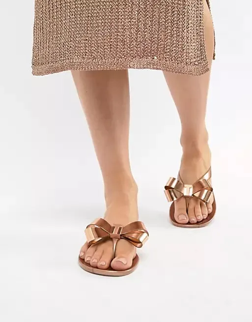 TED BAKER ROSE GOLD FLORAL SUSZIEP BOW FLIP FLOP SANDALS
