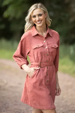 Terra Cotta Corduroy Belted Dress