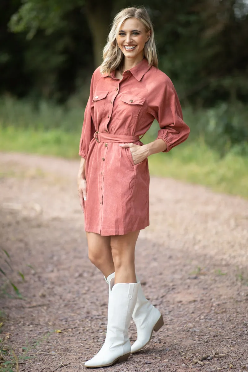 Terra Cotta Corduroy Belted Dress