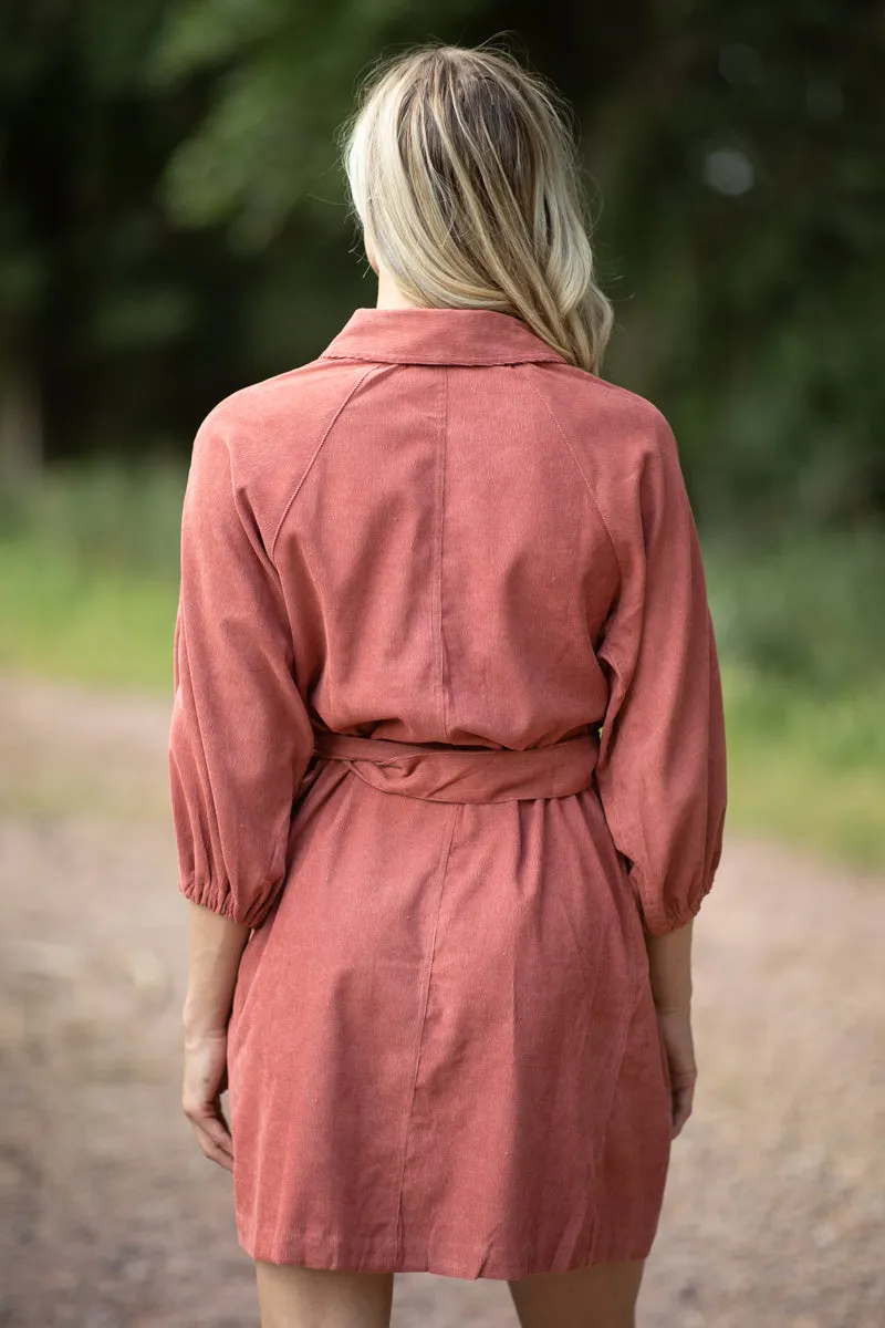 Terra Cotta Corduroy Belted Dress
