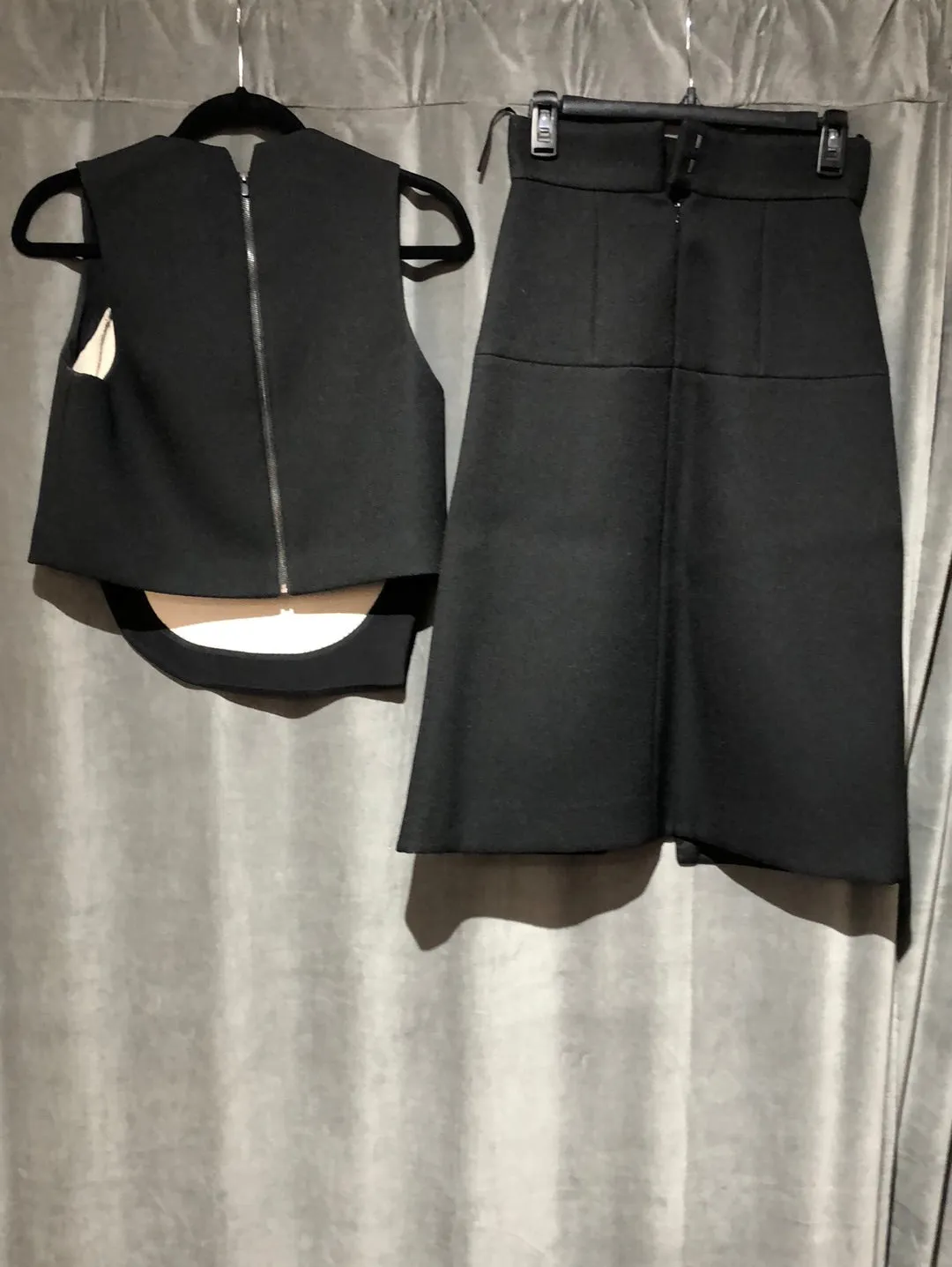 Tibi Black Crushed Polyester sleeveless top with slit midi skirt set