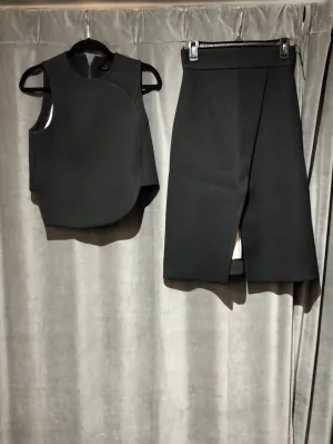 Tibi Black Crushed Polyester sleeveless top with slit midi skirt set