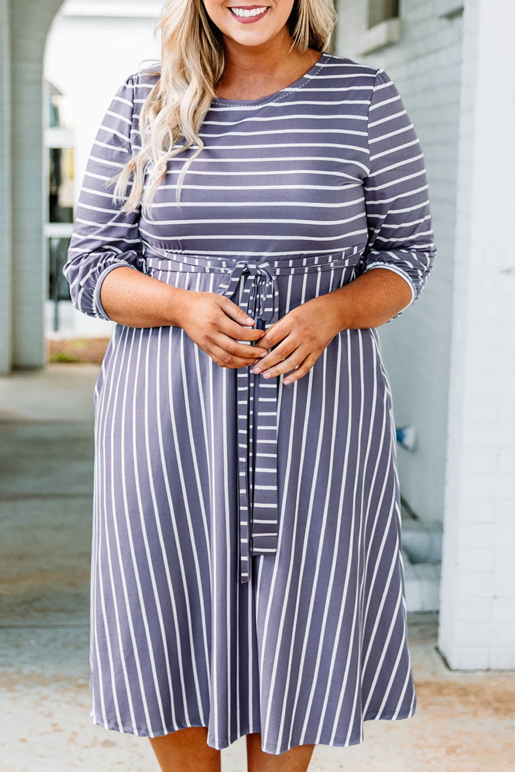 Tie Waist 3/4 Sleeve Plus Size Dress