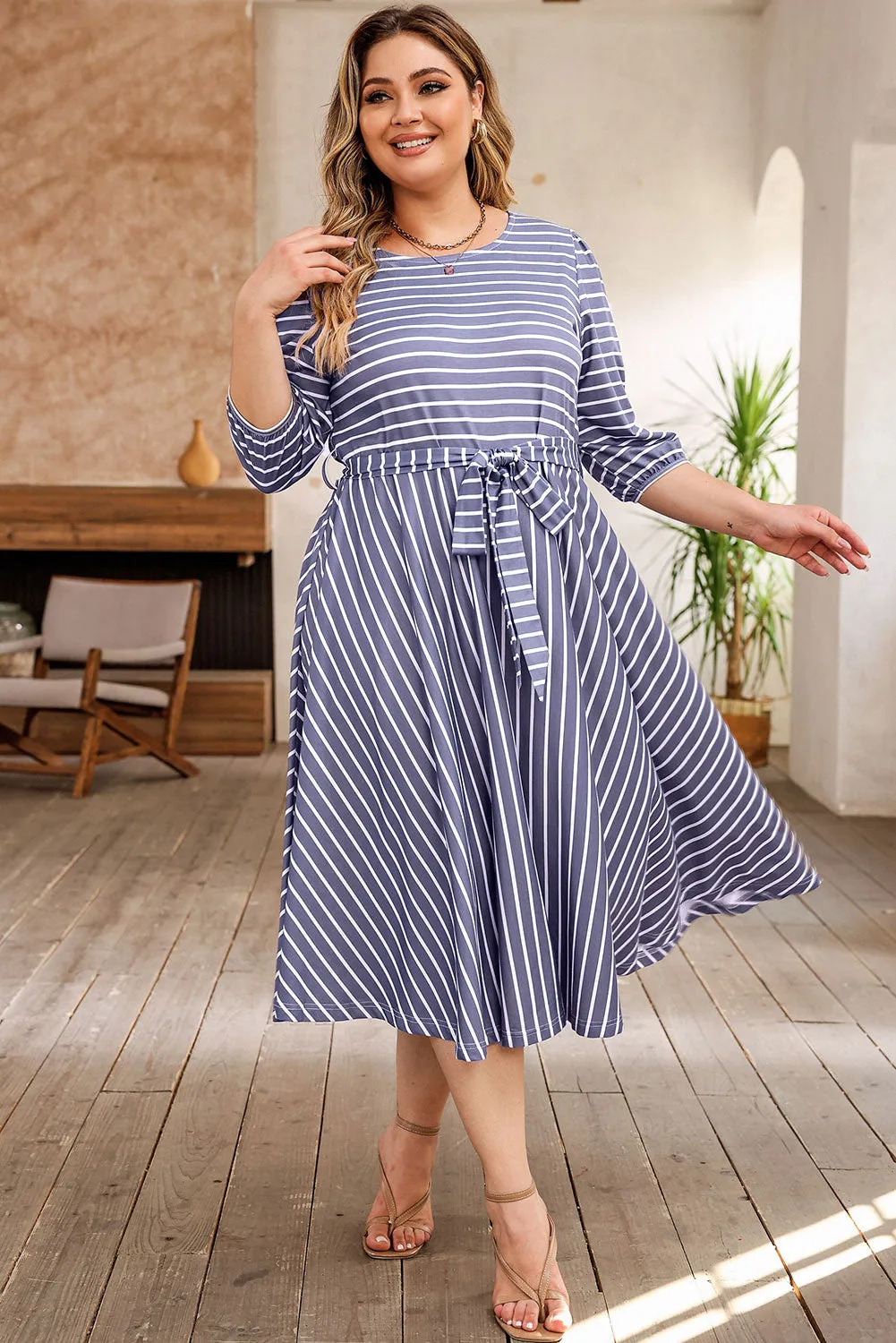Tie Waist 3/4 Sleeve Plus Size Dress