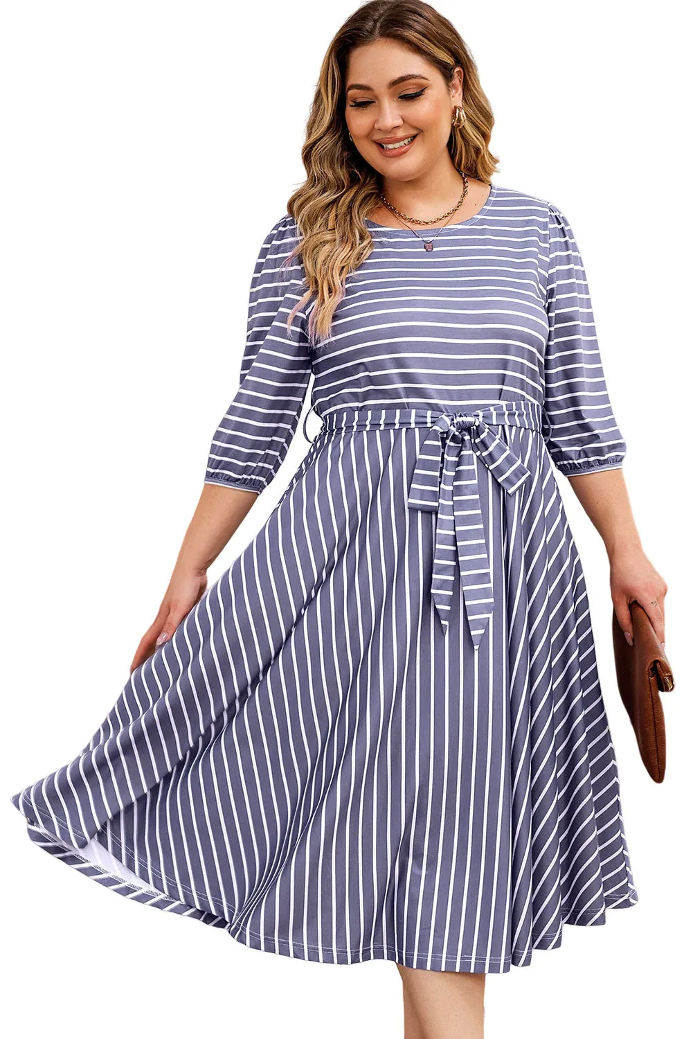 Tie Waist 3/4 Sleeve Plus Size Dress