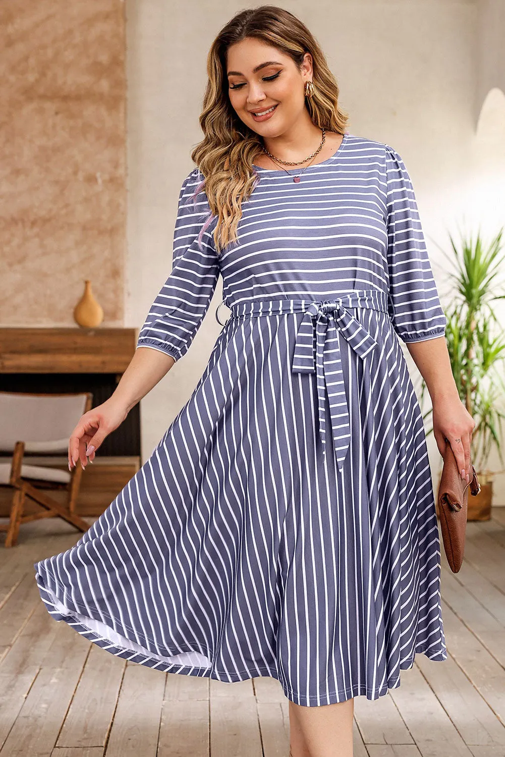 Tie Waist 3/4 Sleeve Plus Size Dress
