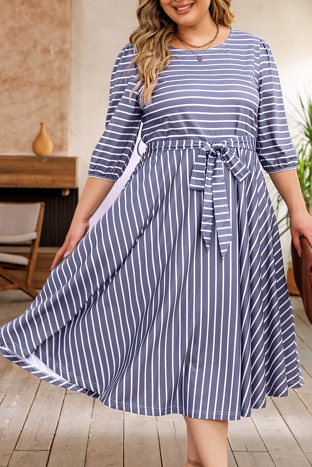 Tie Waist 3/4 Sleeve Plus Size Dress