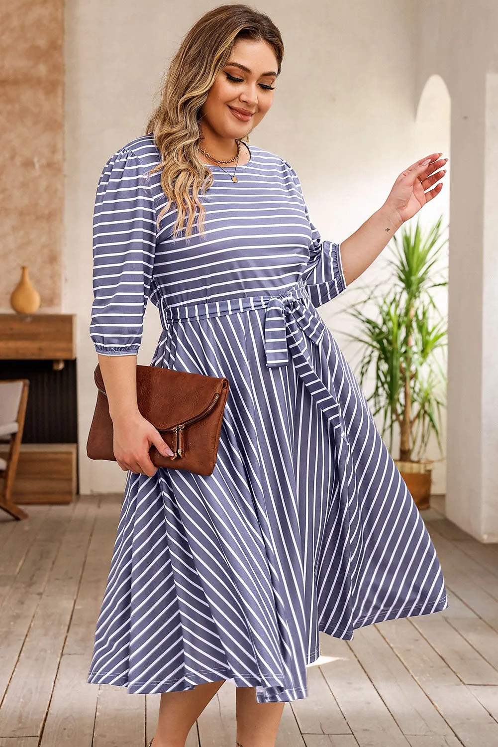Tie Waist 3/4 Sleeve Plus Size Dress