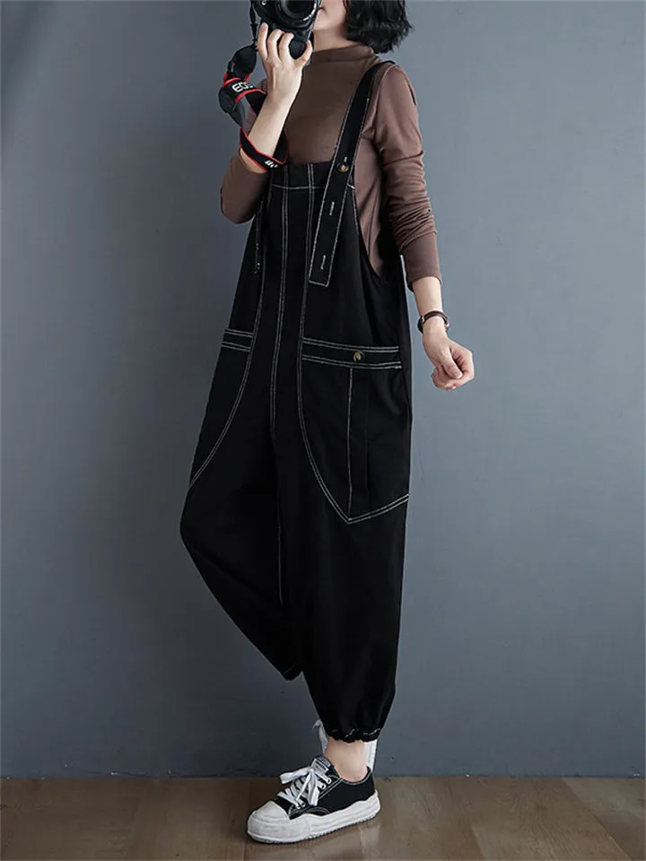 Top Big Pockets Overalls Loose Denim Jumpsuits For Women