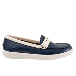 Trotters Dina T2000-464 Womens Blue Extra Wide Leather Loafer Flats Shoes
