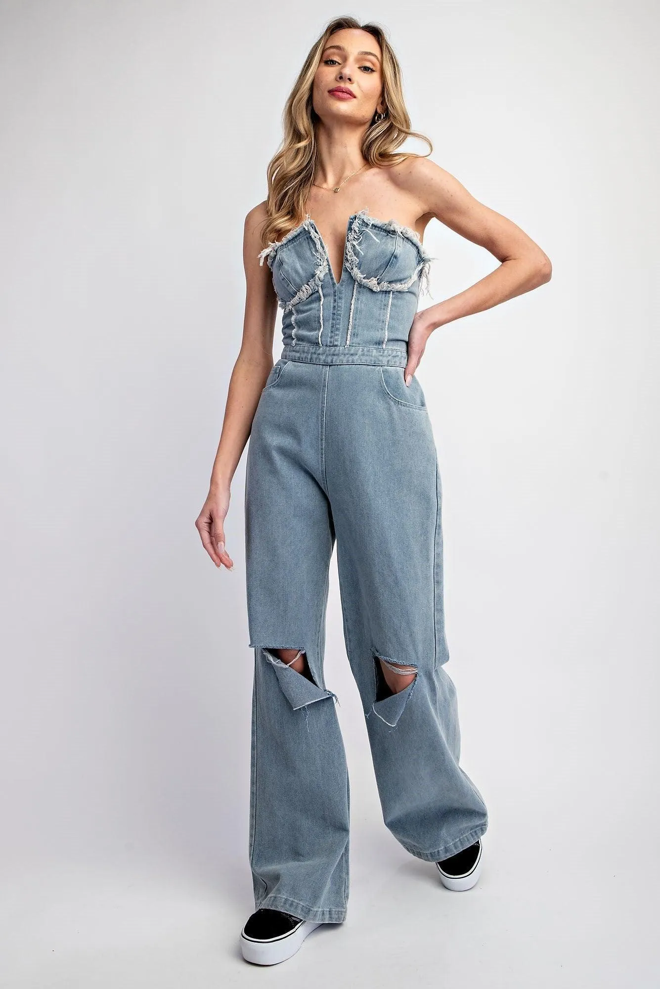 TUBE DISTRESSED DENIM JUMPSUIT