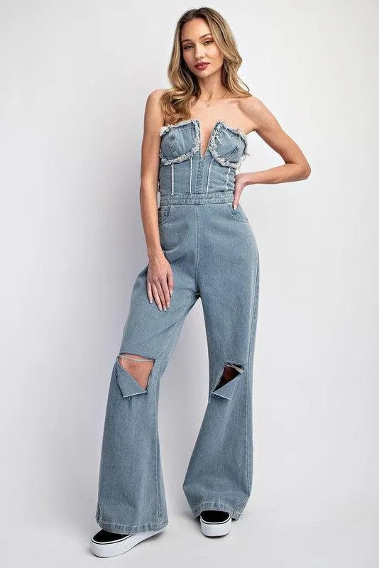 TUBE DISTRESSED DENIM JUMPSUIT