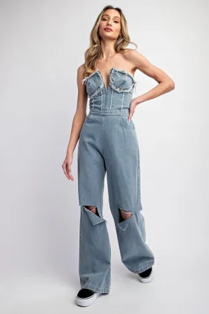 TUBE DISTRESSED DENIM JUMPSUIT